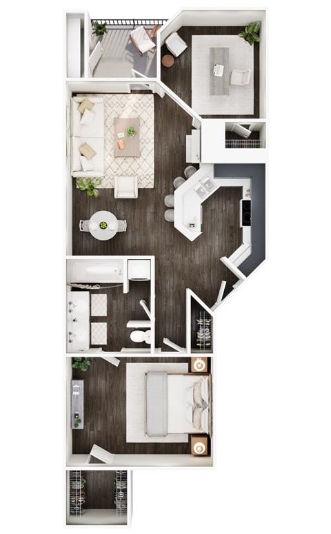A floor plan of a house with a kitchen, living room, dining room, and two bedrooms.